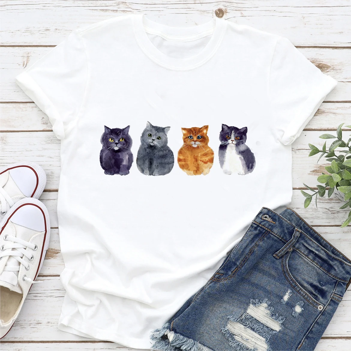 

Футболка в стиле Харадзюку, летняя повседневная женская одежда в стиле 90-х, модная женская футболка с коротким рукавом и принтом кошки, одеж...