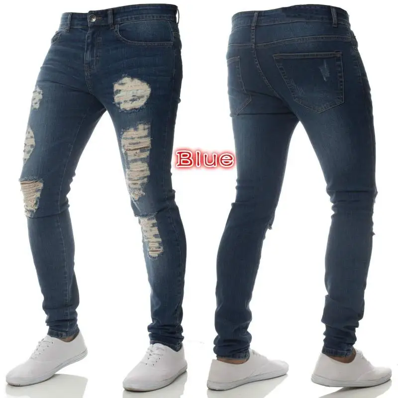 Men's Slim Fit Ripped Biker Pencil Pants Solid Color Frayed Male Pants Jeans Men Jeans Casual Fashion Long Pants Trousers