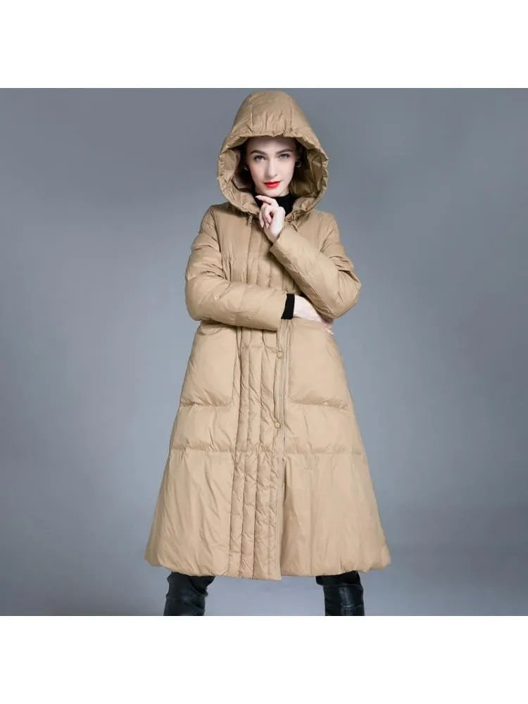 2022 Winter New Large A- Shaped Hooded Padded Thicked Long Black 90 White Duck Down Coats Women Loose Warmer Jackets