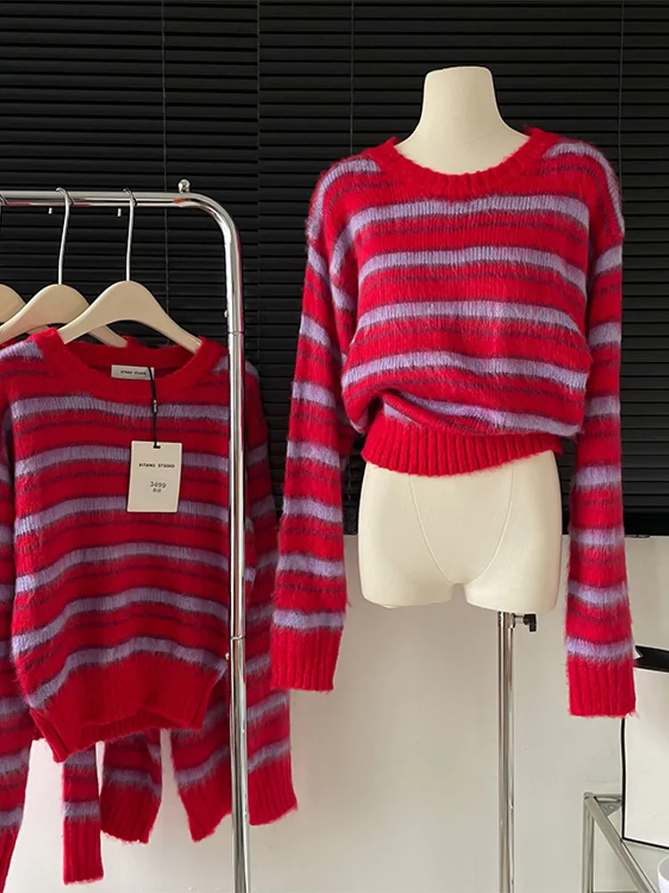 

Женский трикотажный пуловер в полоску контрастных цветов, свободный свитер с длинным рукавом в Корейском стиле для осени и зимы