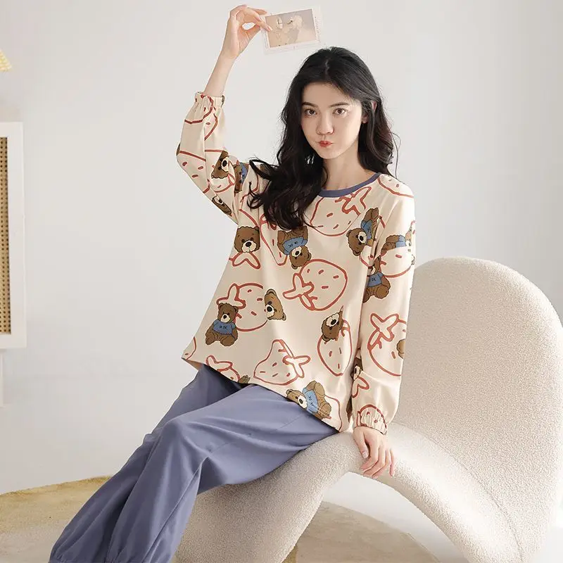1 Pure cotton pajamas women age season long sleeve students can wear suits thin coltsfoot household to take big yards