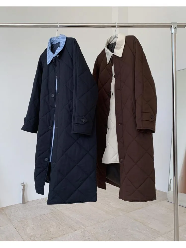 2022 Winter Fashionable Retro Stitching Color Contrast Quilted Long Parka Women Lapel Cotton-Padded Warm Jacket Loose Thick Coat