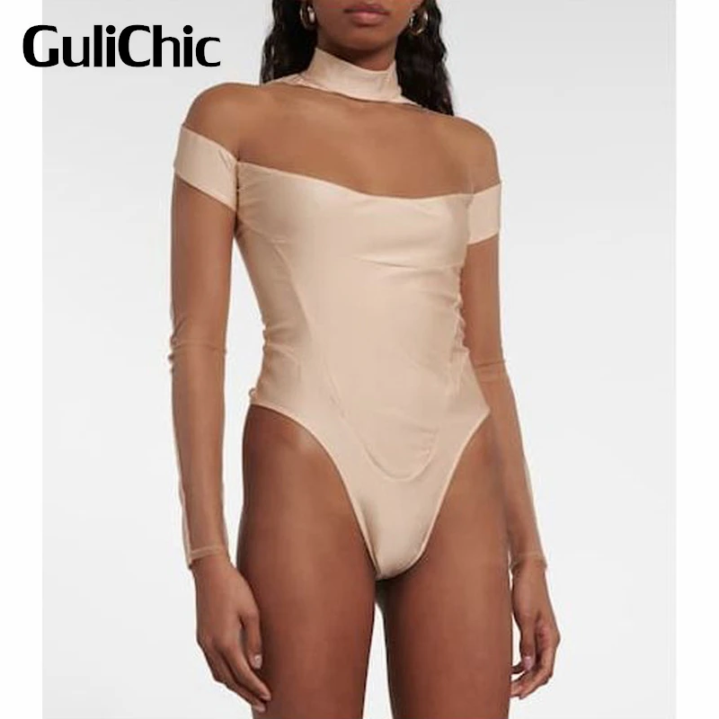 

6.14 GuliChic Women Street Fashion Sexy Sheer Mesh Patchwork Stand Collar Long Sleeve Slim Bodysuit