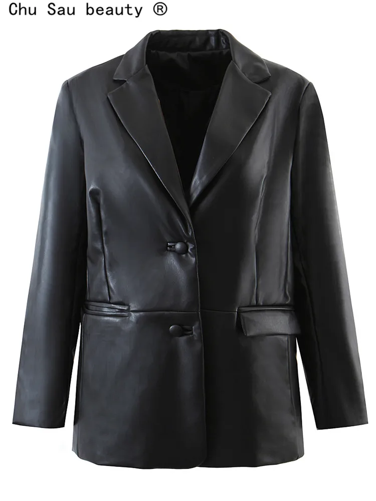 

Женский блейзер из ПУ кожи, Черный Повседневный свободный блейзер в винтажном стиле, Осень-зима 2022