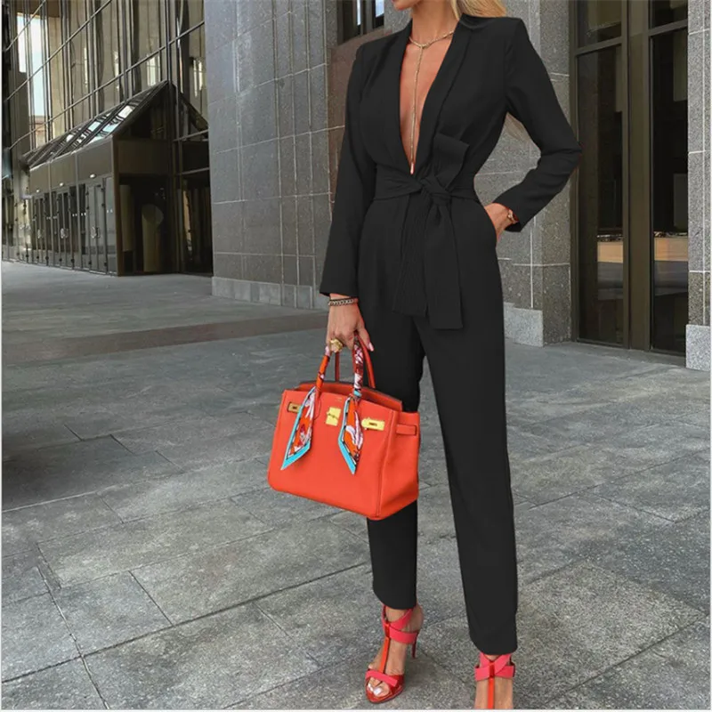Sexy Fashion Solid Color Tie Deep V Neck 2023 Elegant Ladies Tops and Pants Solid Color Suit Belt Jacket + Pants One-piece Suit