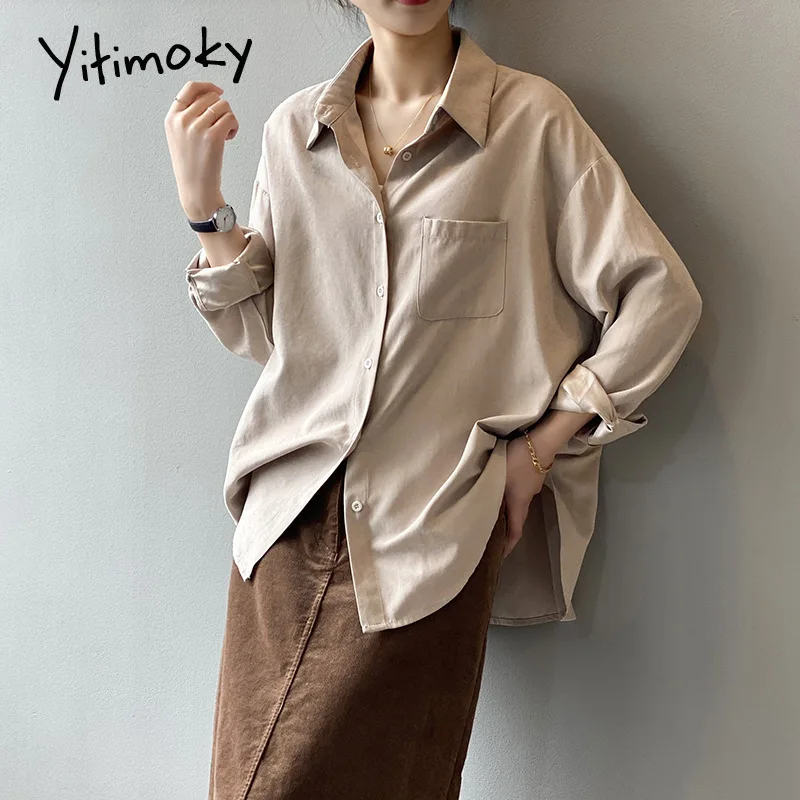 

Женские рубашки Yitimoky, блузка свободного покроя в Корейском стиле, одежда с длинным рукавом, однобортные винтажные топы с карманами, весна 2022