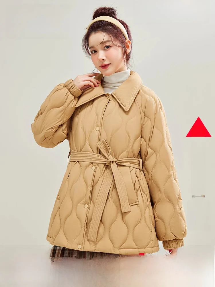 Snow Flng Mid-Length Waist Hugging Down jacket Women 2024 New Simple Shirt Collar Versatile Winter Fashion Outerwear