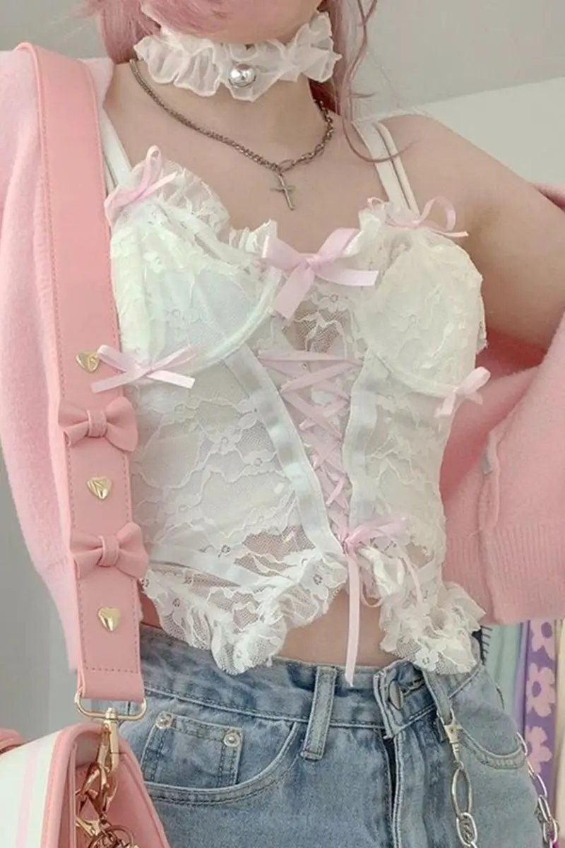 

Женский кружевной топ на бретельках Y2K, белый прозрачный короткий топ с оборками и бантом в стиле пэчворк, новинка 2023
