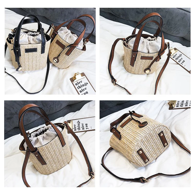 Fashion Weave Straw Bucket Bag Women Crossbody Bags 2020 Women Beach Bags Handbags Rope Knitted Women Handbag Fresh Summer Tote