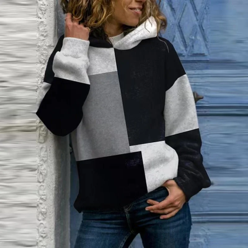 

Retro Block Colour Loose Sweatshirt Hooded Tops Women Long Sleeve Drawstring Hoodie Sportwear Lady Loose Pullover Sweatshirts