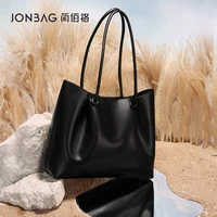 jonbag brand large capacity black tote bag versatile handbag soft leather one shoulder commuter womens bag with free shipping