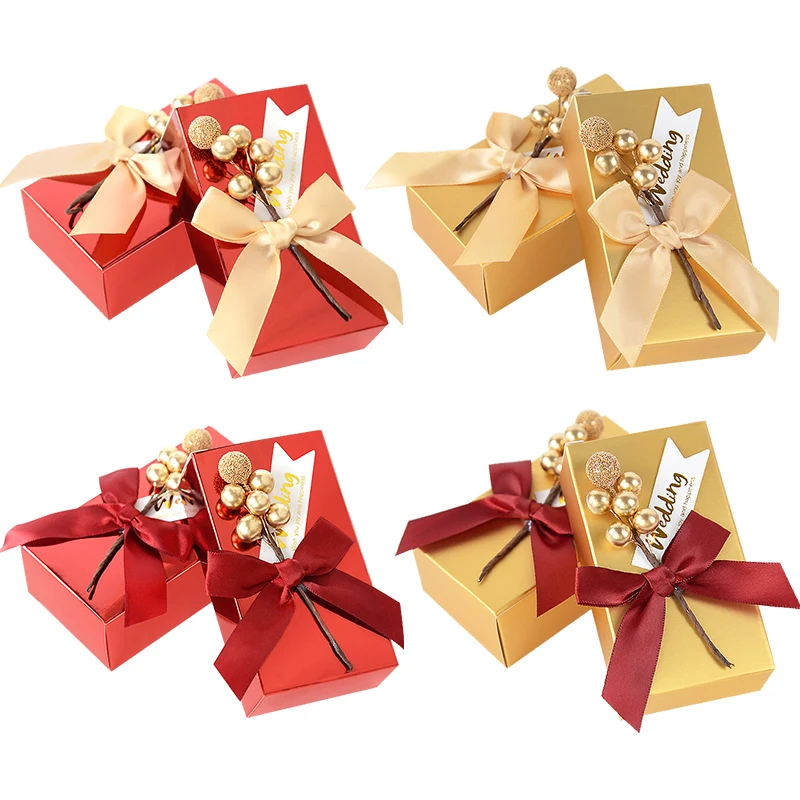 

5pcs Candy Box Rectangle Ribbon Bow Gift Boxes for Wedding Anniversary Festival Party Packaging Supplies Chocolate Biscuit Decor