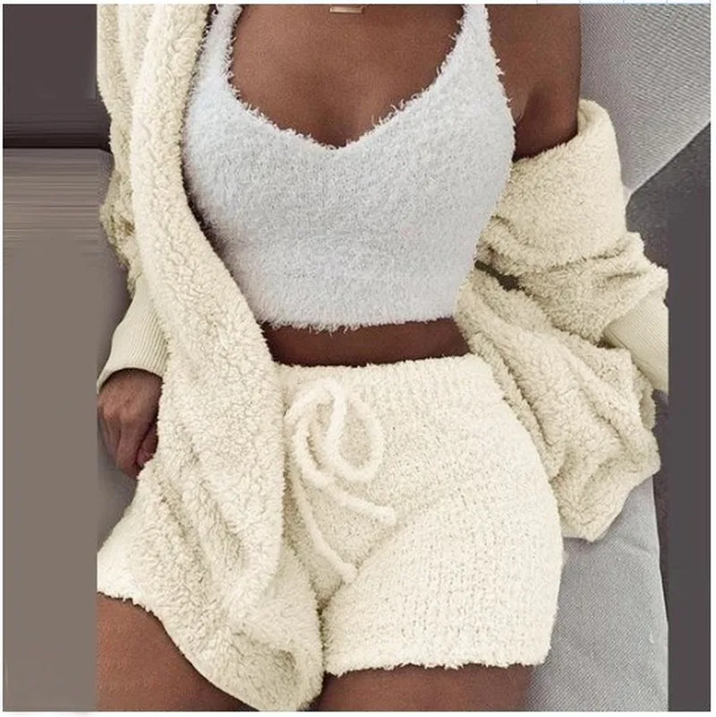 Fashion Suit Large 2 Piece Set Women 2021 New  Winter Women Plush Home Wear Casual 3-piece Pajamas Long-sleeved Vest Shorts