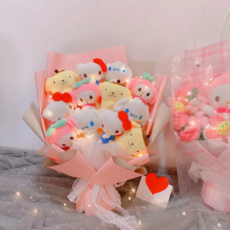 Букеты Hello Kitty со светодиодсветильник кой My Melody Cinnamoroll Kuromi Kawaii Плюшевые игрушки