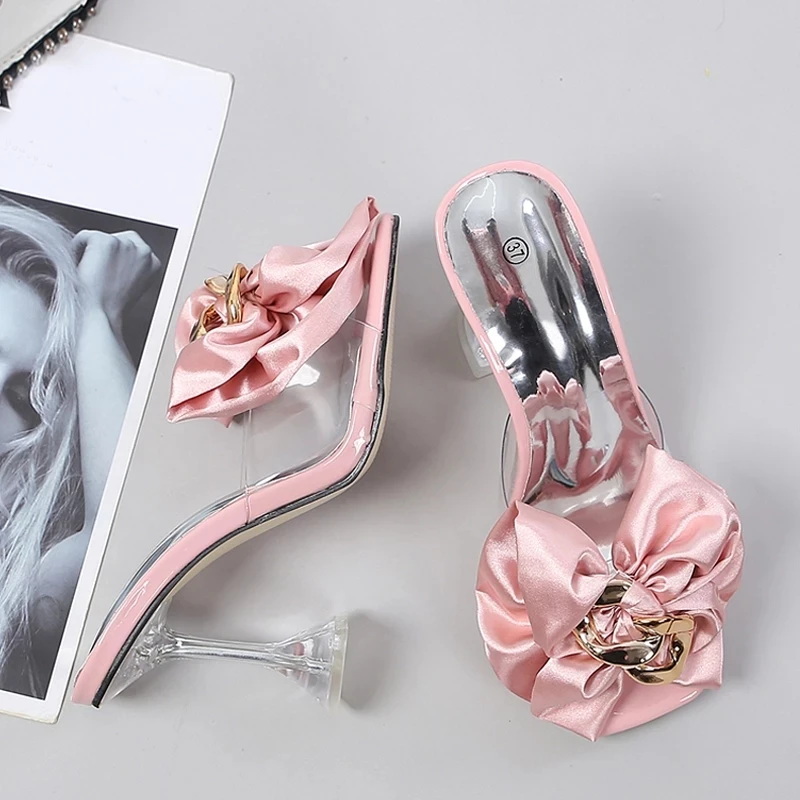 

Transparent Slippers for Women 2023 Summer Fashion Pink Butterfly-knot Designer Sandals Clear Heels Size 46 Female Shoes