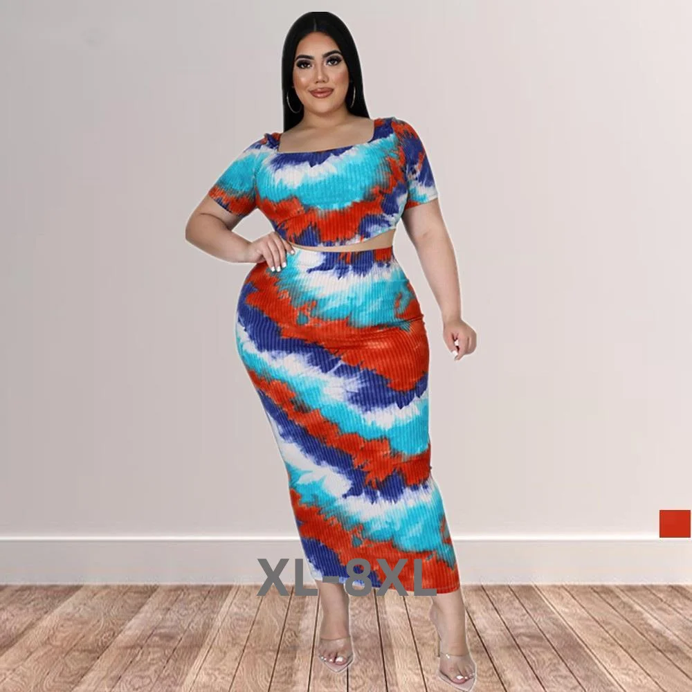 Plus Size Clothing Women's Wear Summer Ribbed Pit Strip Digital Printing Two-piece Skirts Set Whole 3xl 4xl 5xl 6xl