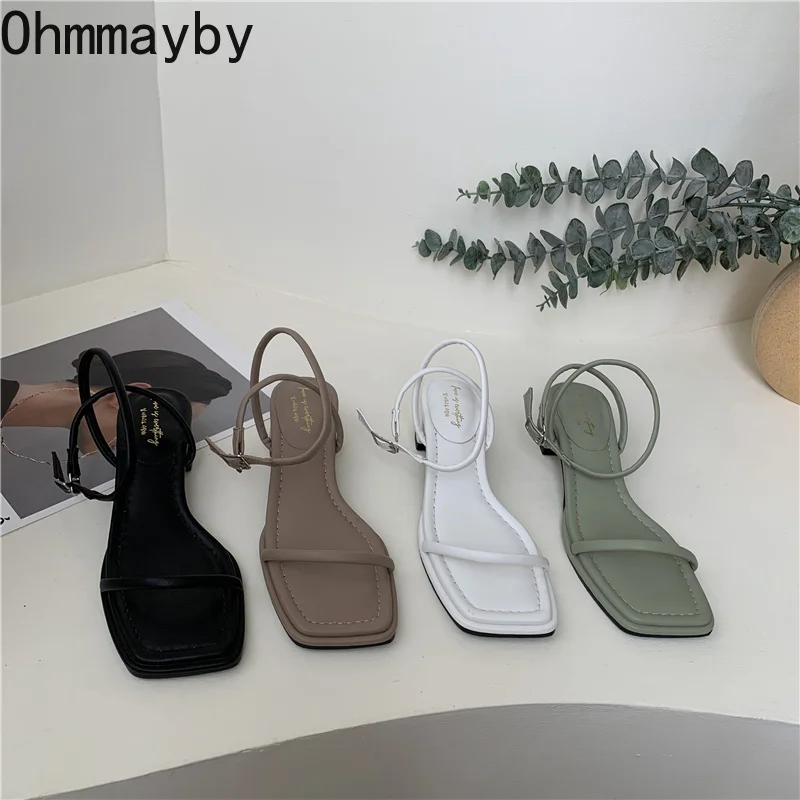 

2022 New Narrow Band Sandals Women Thick Heel Ladies Ankle Strap Shoes High Quality Open Toe Sandal Summer Mujer