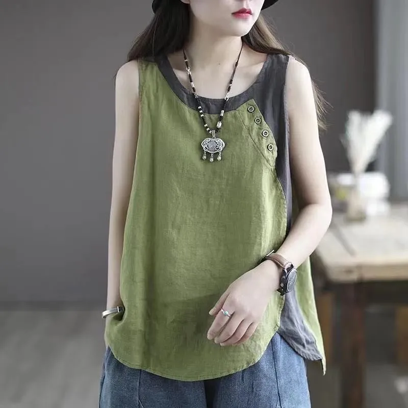 

Woman Cotton Linen Vest Tank Top Blouse Summer Sleeveless Loose Literary Retro Spliced Suspender Vest Button Decorate T-shirt