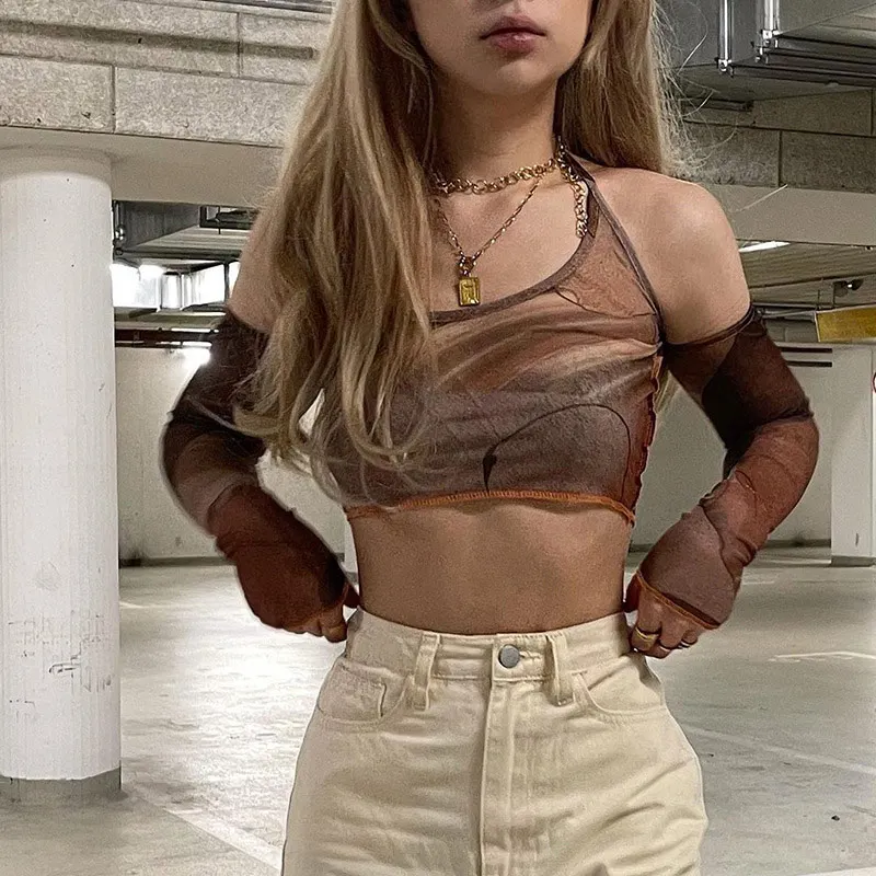 

Summer Brown Corset Top Y2k Crop Top with Glove Fashion Vintage Printed Sweats Women Camis Korean Style Tee 2021 New Gothic