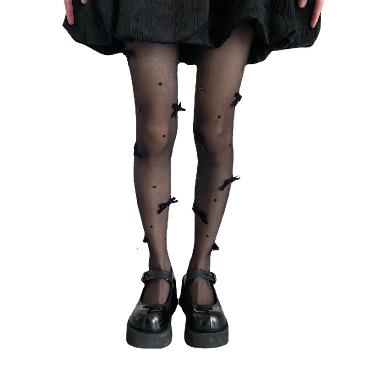 Милые черные шелковые колготки ручной работы с бантом в стиле &quotЛолита&quot