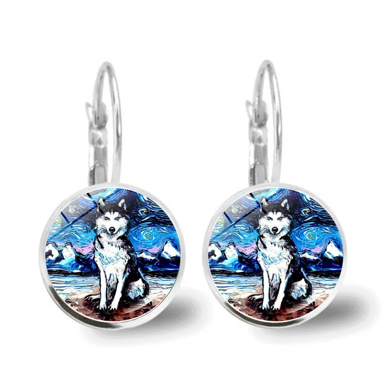 Popular Jewelry Glass Pendant Alloy Earrings Van Gogh The Starry Night Oil Painting Lovely Dogs Under Sky |