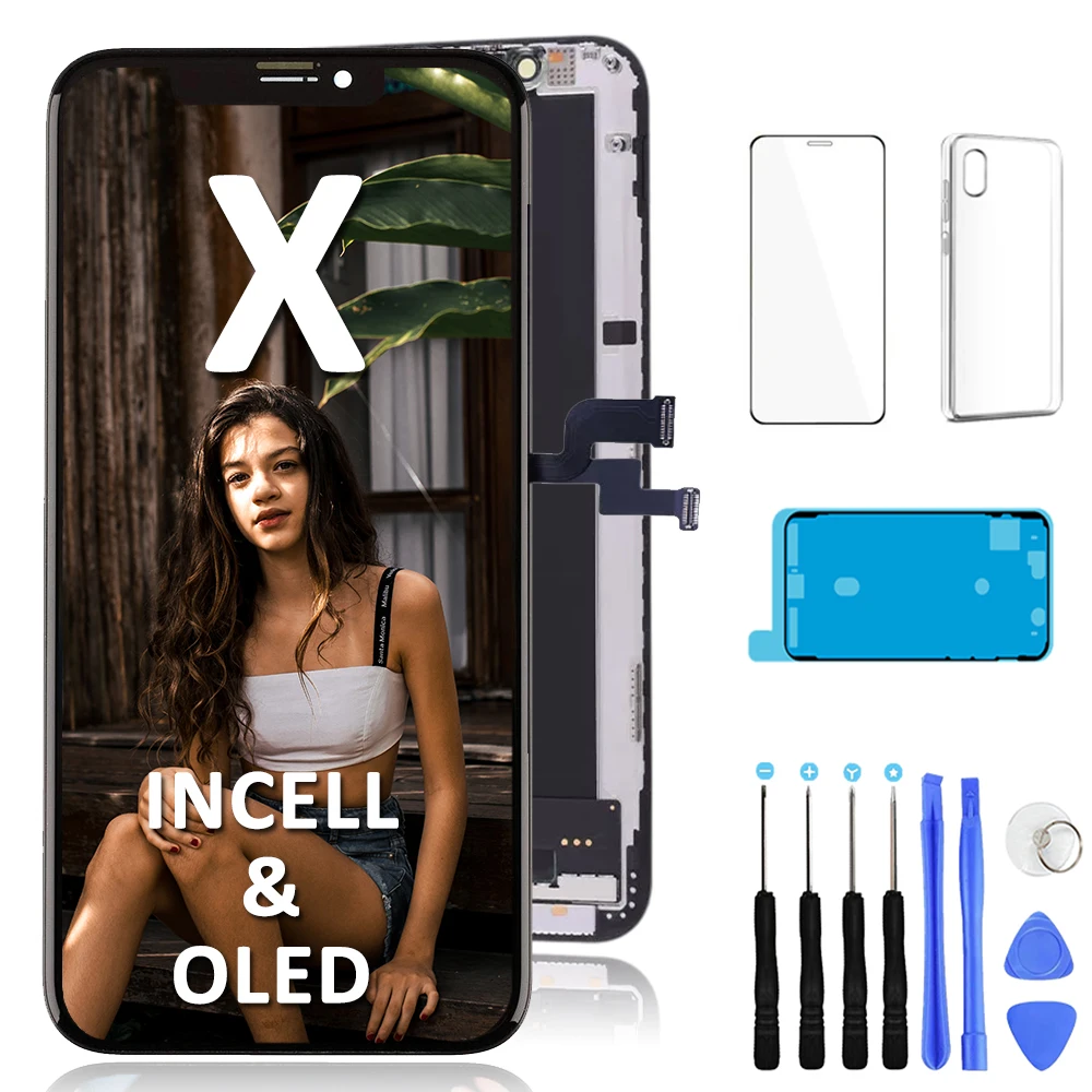 Дисплей AAA для iPhone X 10, ЖК-экран в сборе, сенсорный дигитайзер, замена Incell OLED, полноэкранный дисплей + закаленное стекло + чехол для телефона