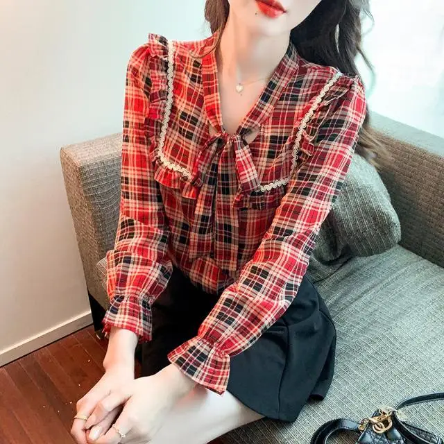 

2022 Women Spring Autumn New French Bow Plaid Shirt Tops Female Long Sleeve Loose Blouses Ladies Pullover Casual Shirts U359