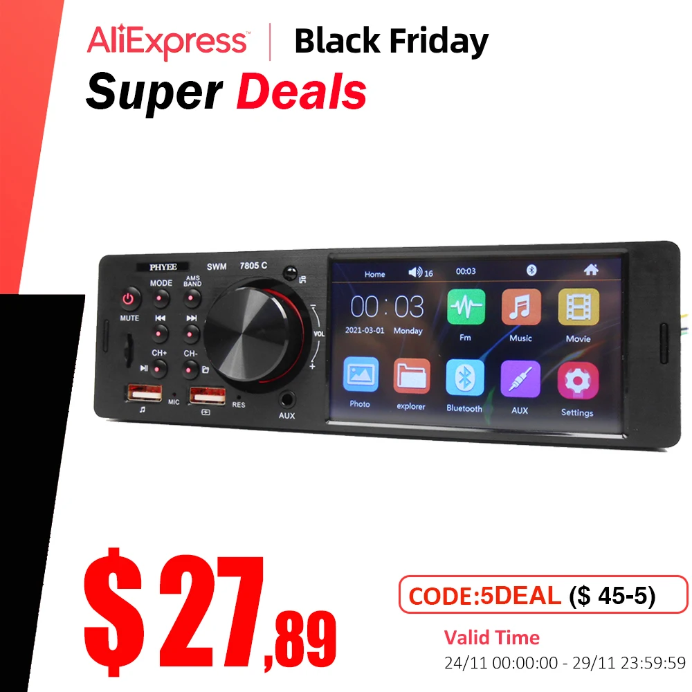 Touch Screen Car Radio 1 Din Bluetooth Music Handsfree MP5 Player TF USB Charging Remote Audio System ISO 4.1” Head Unit 7805C