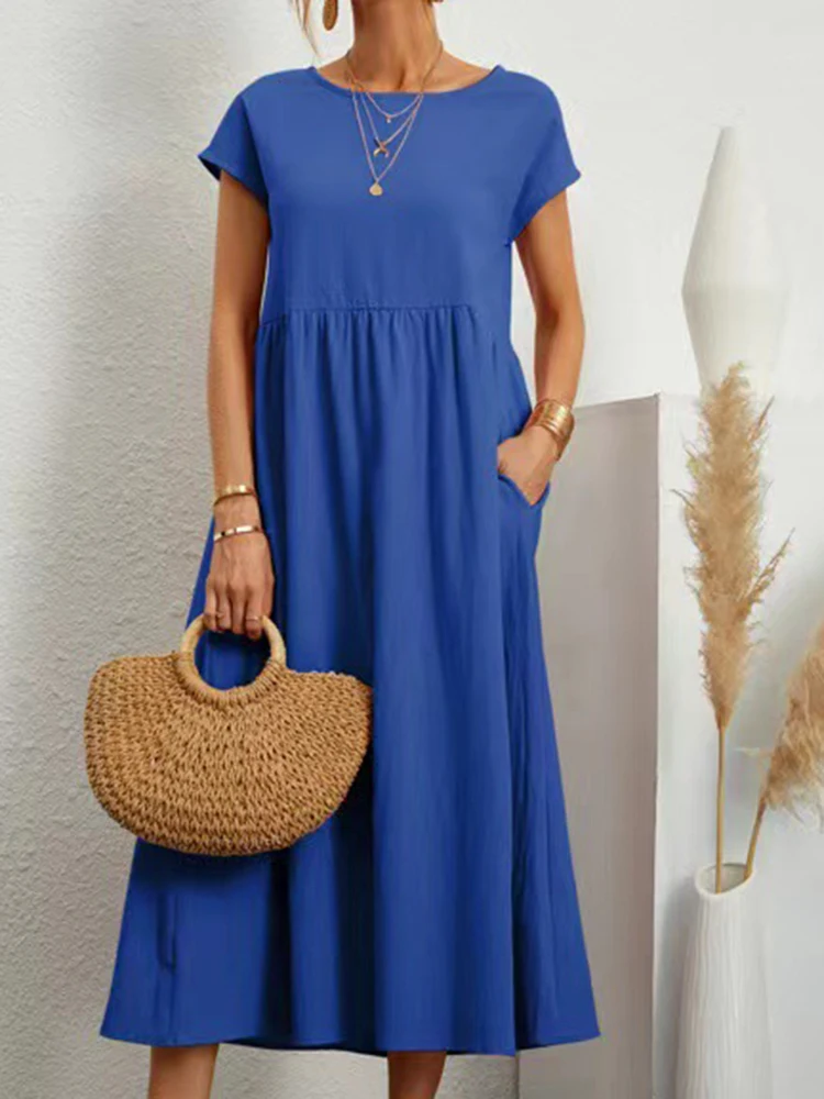 Элегантное однотонное платье макси женское винтажное с коротким рукавом летний