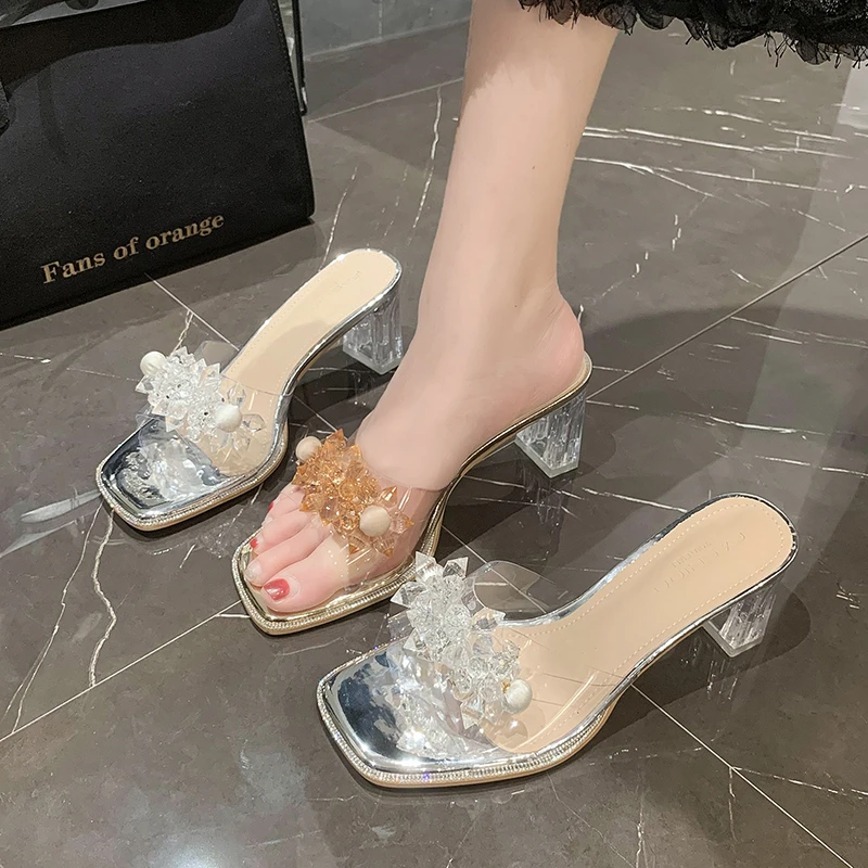 2023 Women Summer 7cm High Heels Slides Mules Lady Cinderella Crystal Diamond Transparent Slippers Sandals Clear Heels PVC Shoes