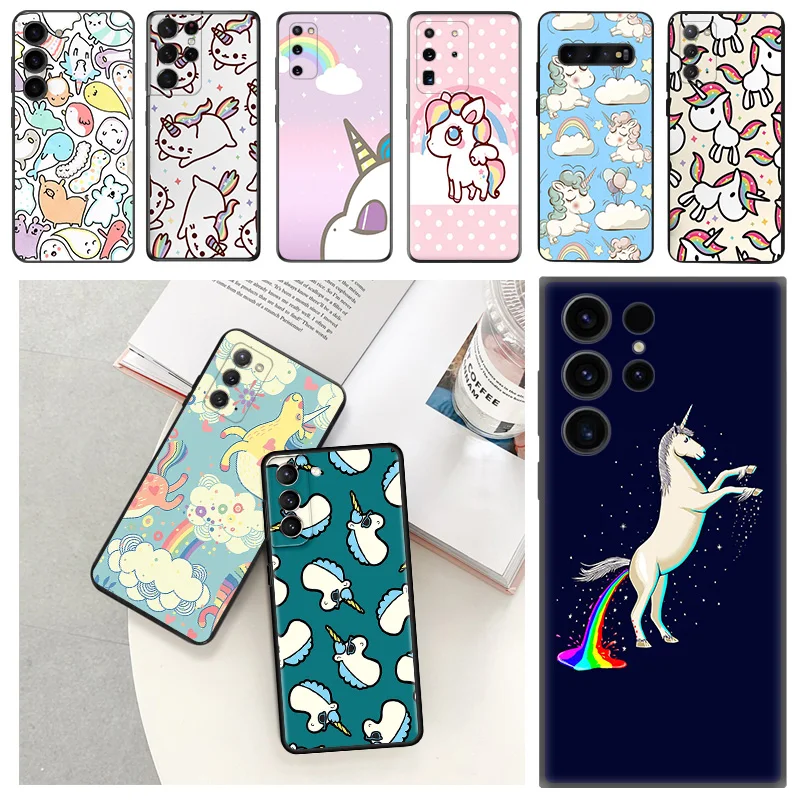 

Противоударный мягкий чехол для телефона Samsung S23 Ultra 5G, мультяшный Радужный Единорог Galaxy S22 Plus S21 FE S20 S10 Lite S9 S8, задняя крышка