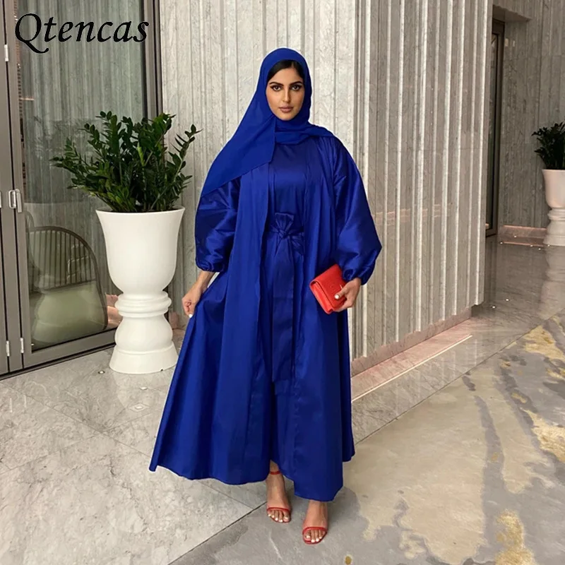 

Ramadan Open Abaya Satin Muslim Dress 2 Pieces Set Eid Mubarak Abayas for Women Dubai Turkish Dresses Islam Moroccan Kaftan Robe