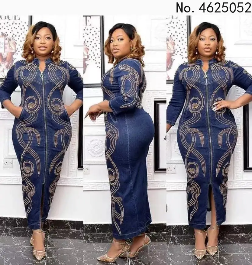 

Высококачественное джинсовое платье с длинным рукавом, африканские женские модные джинсовые платья макси на молнии с бисером