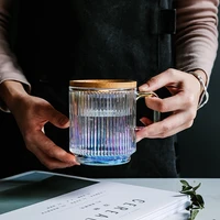iridescent vertical stripes glass coffee mug with bamboo lid premium classical tea cup milk chocolate juice beer water drink