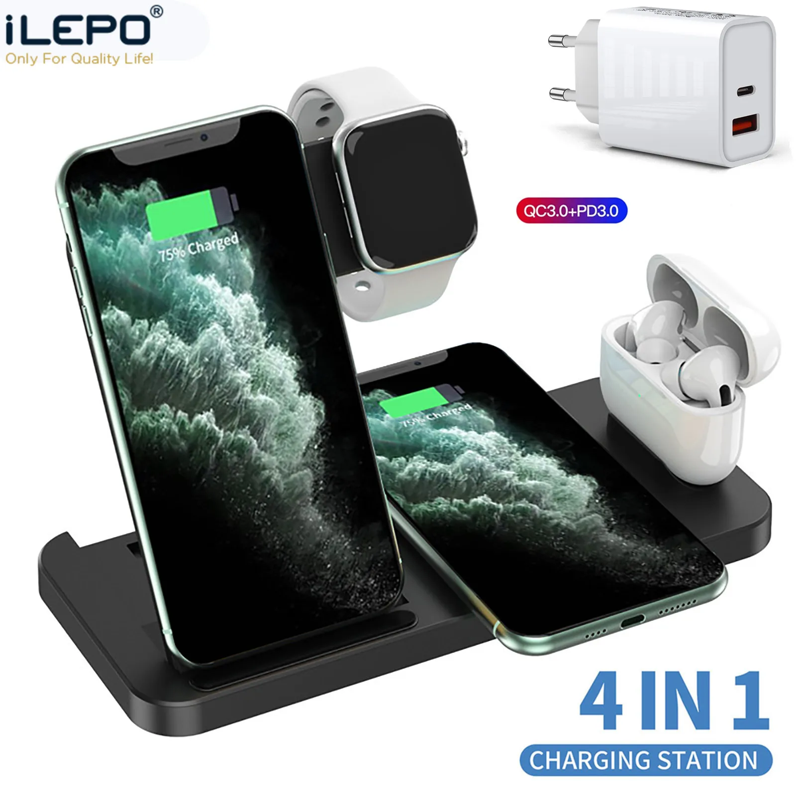 

4 in 1 Wireless Charger 15W Fast Charging for iPhone 12 11 XS XR X 8 Samsung For Apple Watch 6 5 4 3 AirPods Pro QC 3.0 Adapter