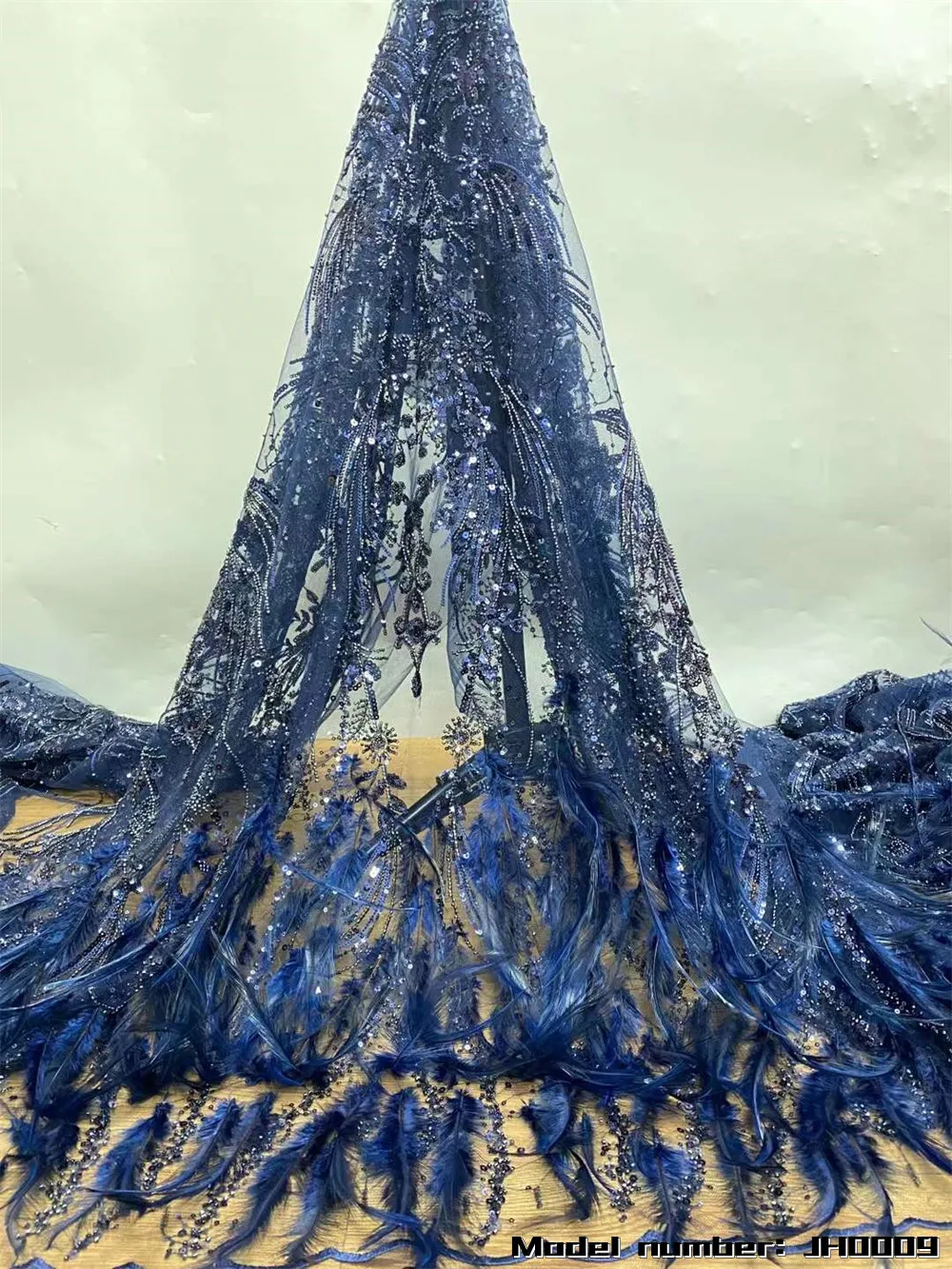 

Luxury French Beaded Tulle Lace Fabric 2022 Fashion Feather Tail African Net Lace Fabrics With Sequins For Evening Dress JH0009