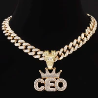 hip hop iced out ceo crown letter crystal pendant necklace for women men bling rhinestone cuban link chain necklace punk jewelry