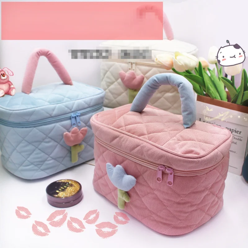 

Cute Women's Cosmetic Bag Portable Corduroy Make Up Organizer Pouch Travel Cute Tulip Flower Zipper Toiletry Storage Bag E809