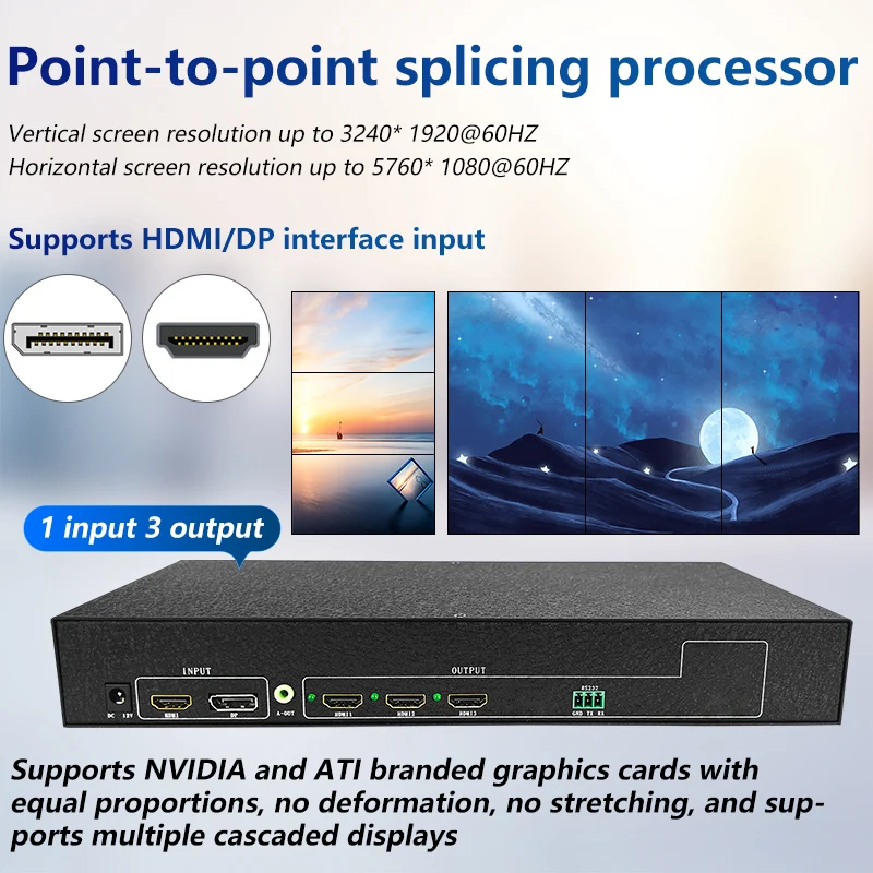 

4K Video Wall Controller 1x3 Supports DP Point-to-Point Input 5760x1080@60Hz Ultra HD HDMI-compatible 1.4+DP1.2 Splicing Box