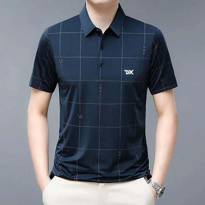 Golf men's summer ice polo shirt casual business short sleeved T-shirt plaid pattern sports men's clothing