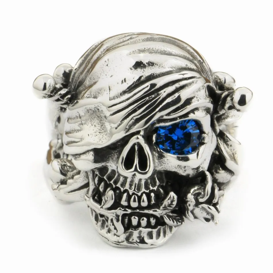 Синий CZ Stone 925 пробы Серебряная роза пиратское кольцо с черепом Biker Rock Punk Style 9W101 US