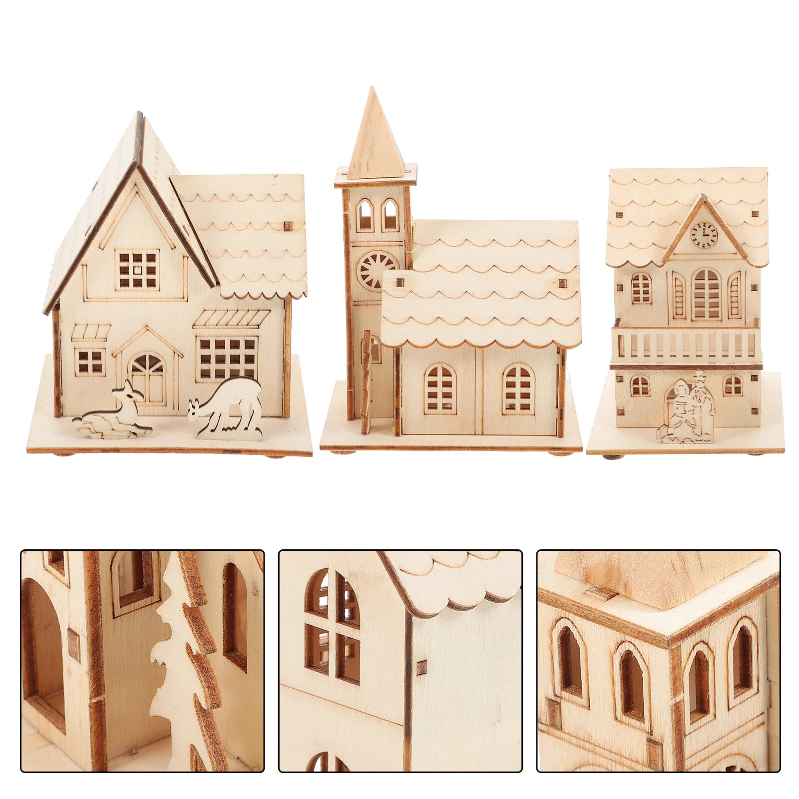 

3 Pcs Ornaments Xmas Adornment Miniture Decoration Christmas Decors Wood House Tabletop LED Wooden Luminous