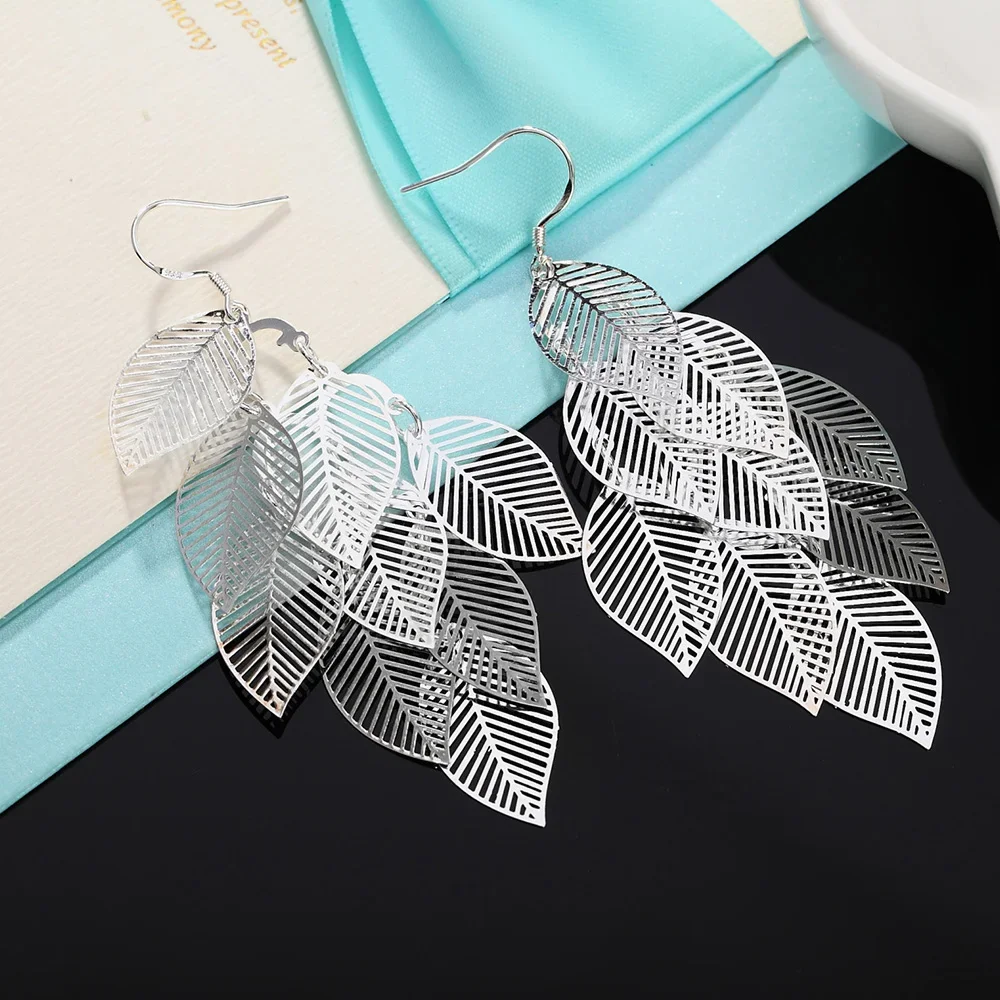 

Fine Charm 925 SterlingSilver Jewelry High Quality Fashion Woman Earring Retro Hollow Maple Leaf Exaggerated Long Tassel