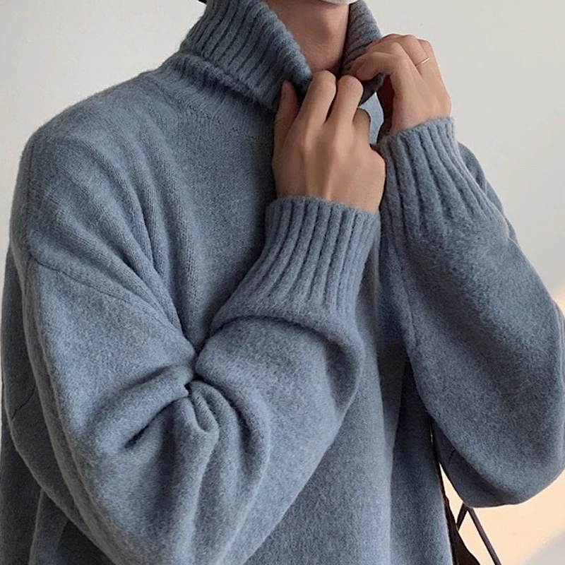 

Knitting Jumper Mens Turtleneck Long Sleeve Loose Sweaters Autumn Winter Warm Knit Tops For Men Fashion Solid Sweater Streetwear