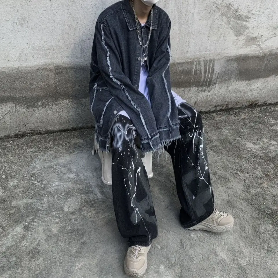 European and American High Street Ink Graffiti Print Retro Street Dark Straight Pants Loose Jeans Men Trend Baggy Jeans Casual