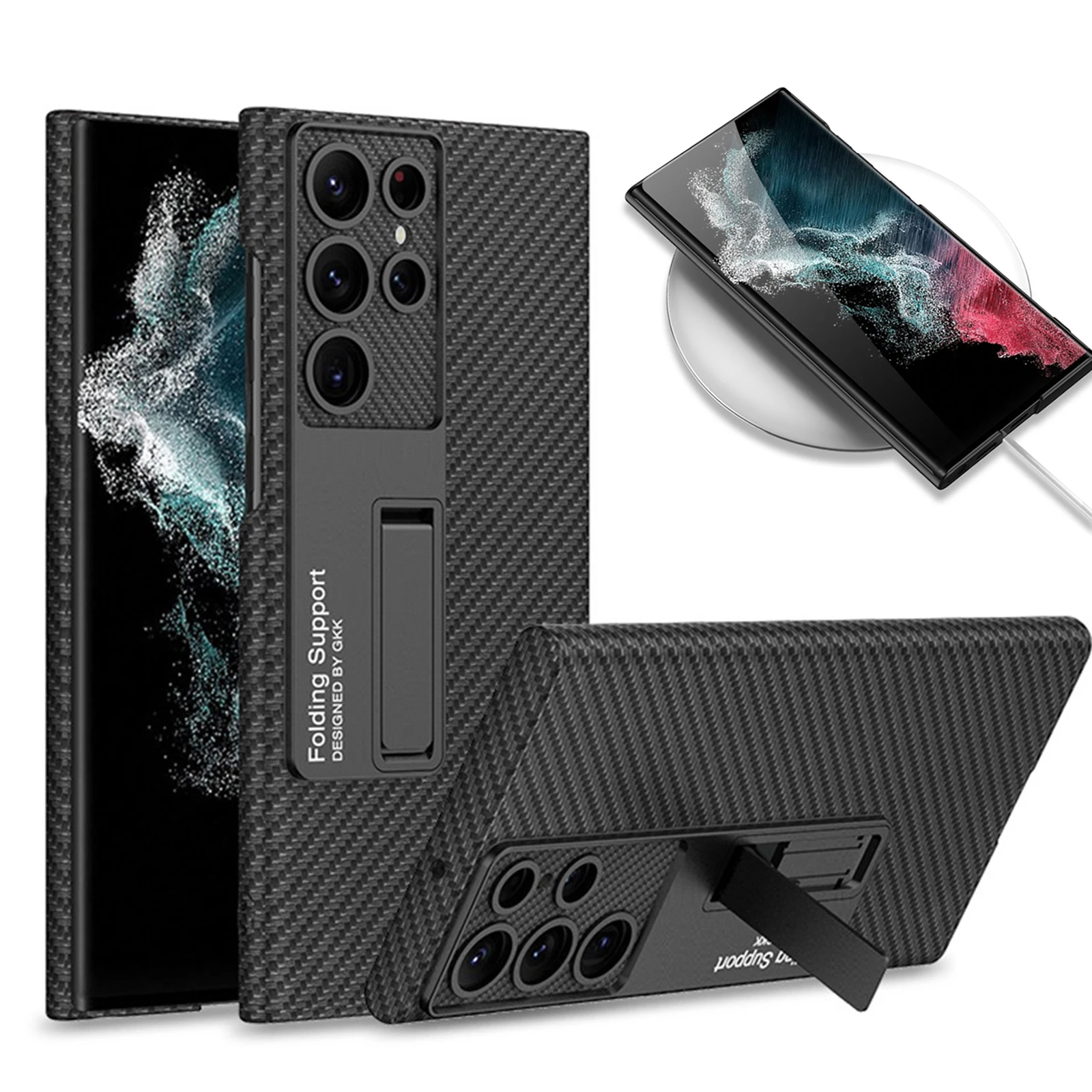 

Slim Leather Phone Case for Samsung Galaxy S22 Ultra with Invisible Kickstand & Camera Lens Protection Shockproof Hard Cover