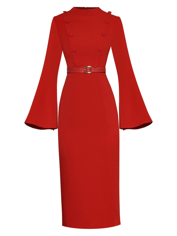 

Sweetsince 2022 Luxury Designer Autumn Winter New Red Dress Women Stand Collar Flare Sleeves Medium Length Slim Fit Elegant New