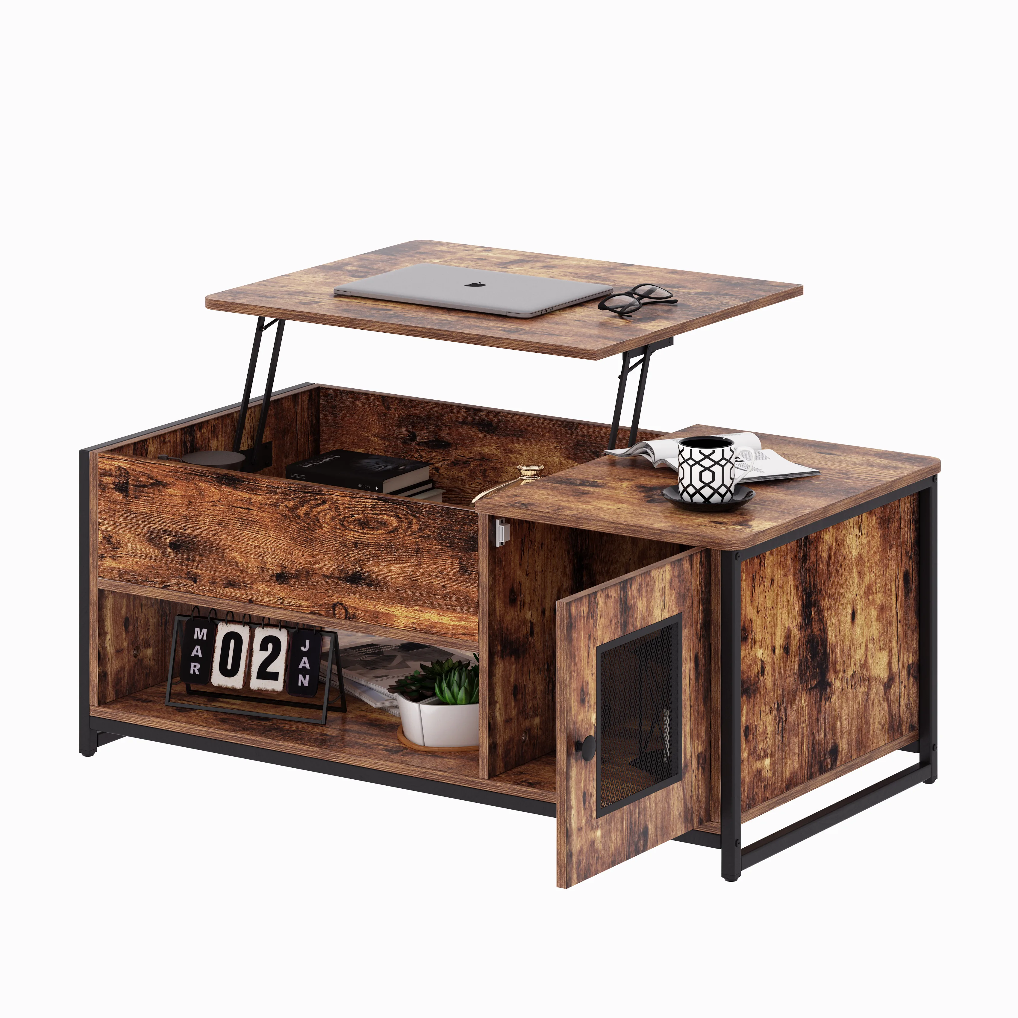 

Industrial Lift Top Coffee Table, 3-Tier Cocktail Table, Metal Mesh Cabinet Door with Compartment for Home, Office