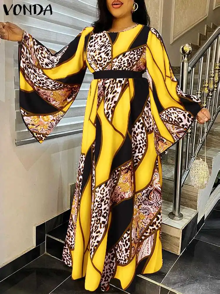

Элегантное женское летнее платье VONDA с длинным рукавом и круглым вырезом, макси-платье с цветочным принтом 2022, сарафан с высокой талией, вече...