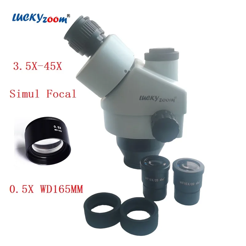 

3.5X-45X Simul Focal Trinocular Microscope Head 0.5X WD165MM Auxiliary Objective Len Optical 10X Eyepiece Stereo Microscopio